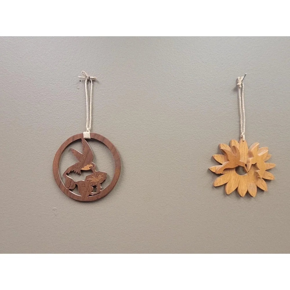 Hand‎ Carved Wooden Bird Ornaments – Pair of Folk Art Hanging Decorations